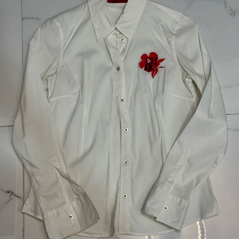 Carolina Herrera White Shirt with Red Floral Accent